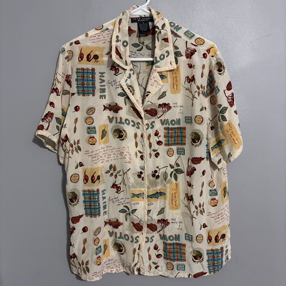 Seta Studio Blouse Med‎ silk Y2K Vintage Winery Fish Pearl button up Nova Scotia